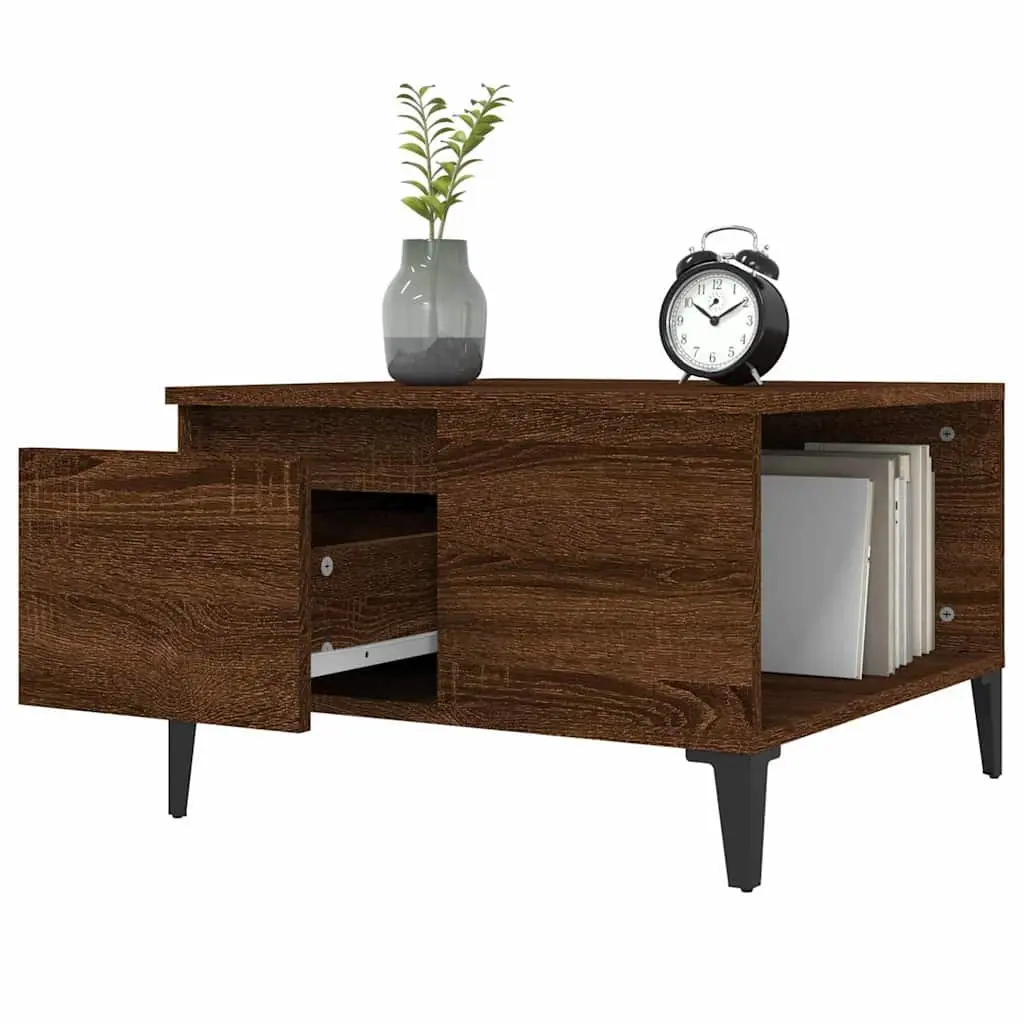 Coffee Table Brown Oak 55x55x36.5 cm Engineered Wood with Metal Feet Storage Drawer Open Compartment