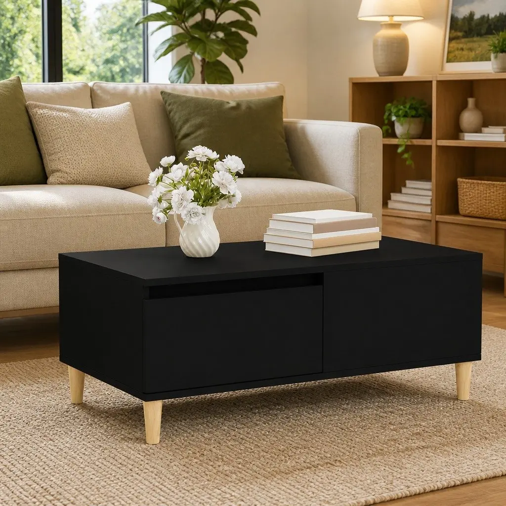 Coffee Table Black 90x50x36.5 cm Engineered Wood with Eucalyptus Wood Feet