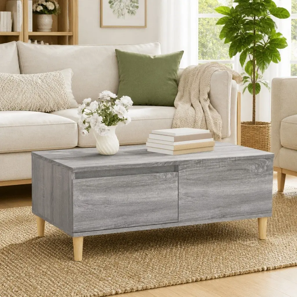 Coffee Table Grey Scandinavian Style 90L x 50W x 36.5H cm Engineered Wood with Eucalyptus Wood Feet and Storage Drawer