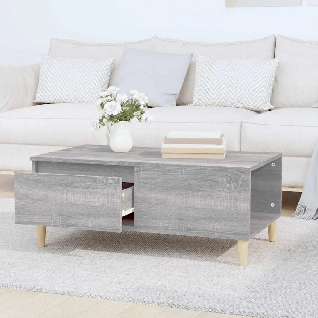 Coffee Table Grey Scandinavian Style 90L x 50W x 36.5H cm Engineered Wood with Eucalyptus Wood Feet and Storage Drawer