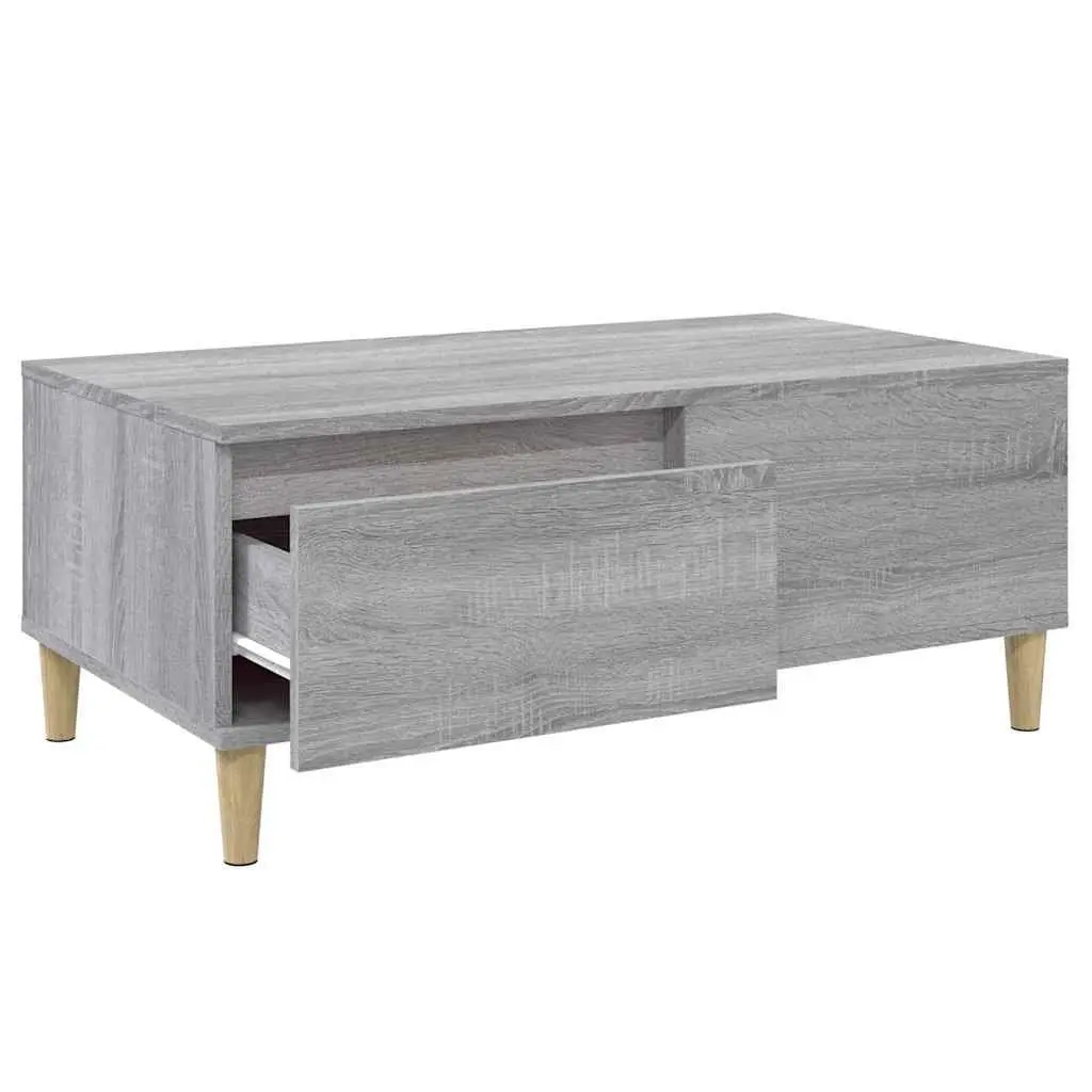 Coffee Table Grey Scandinavian Style 90L x 50W x 36.5H cm Engineered Wood with Eucalyptus Wood Feet and Storage Drawer