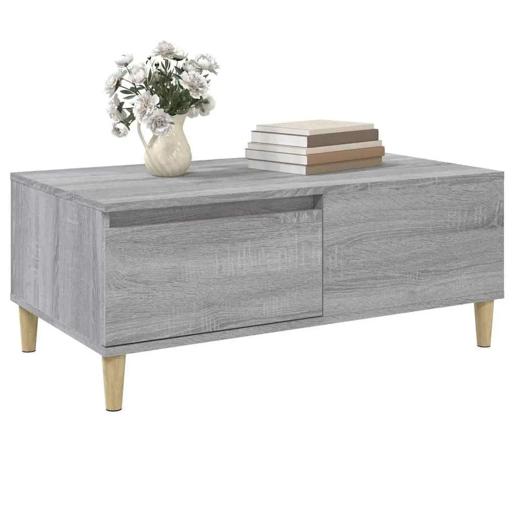 Coffee Table Grey Scandinavian Style 90L x 50W x 36.5H cm Engineered Wood with Eucalyptus Wood Feet and Storage Drawer