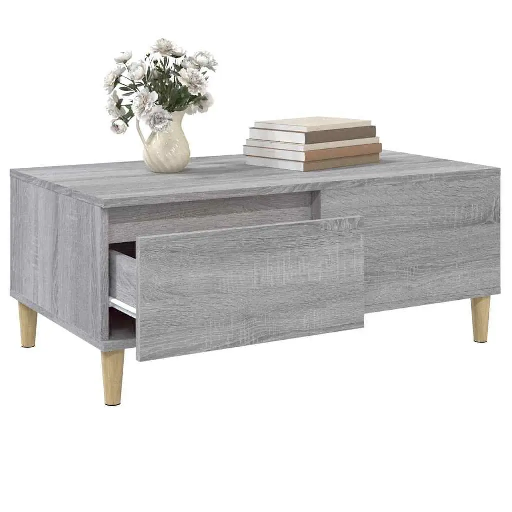 Coffee Table Grey Scandinavian Style 90L x 50W x 36.5H cm Engineered Wood with Eucalyptus Wood Feet and Storage Drawer
