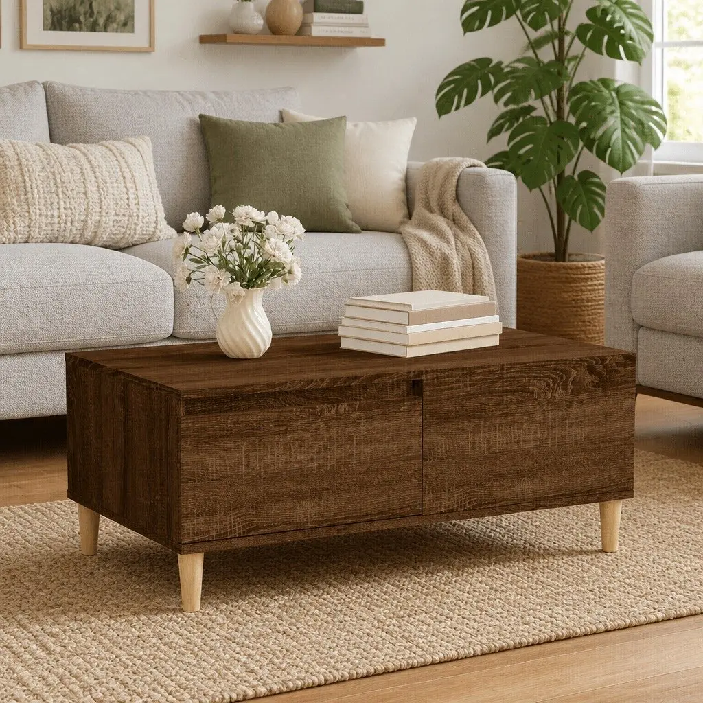 Coffee Table Brown Oak 90x50x36.5 cm Engineered Wood with Drawer Storage