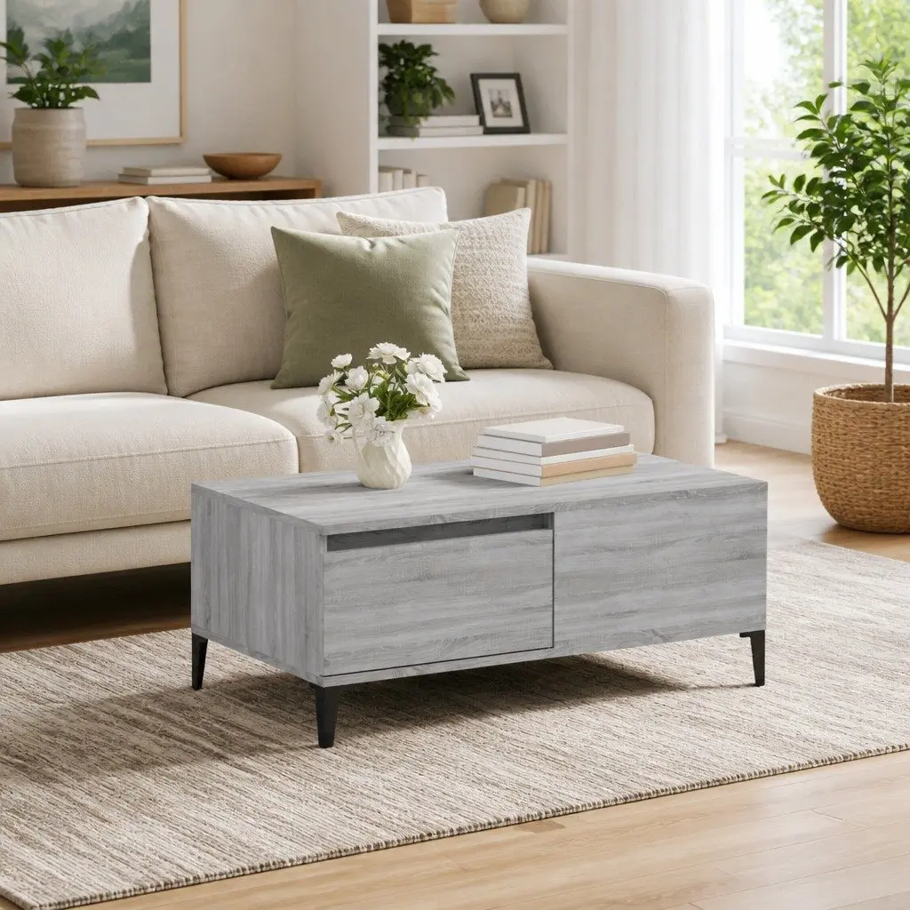 Coffee Table Grey Sonoma with Drawer Storage Engineered Wood 90 x 50 x 36.5 cm