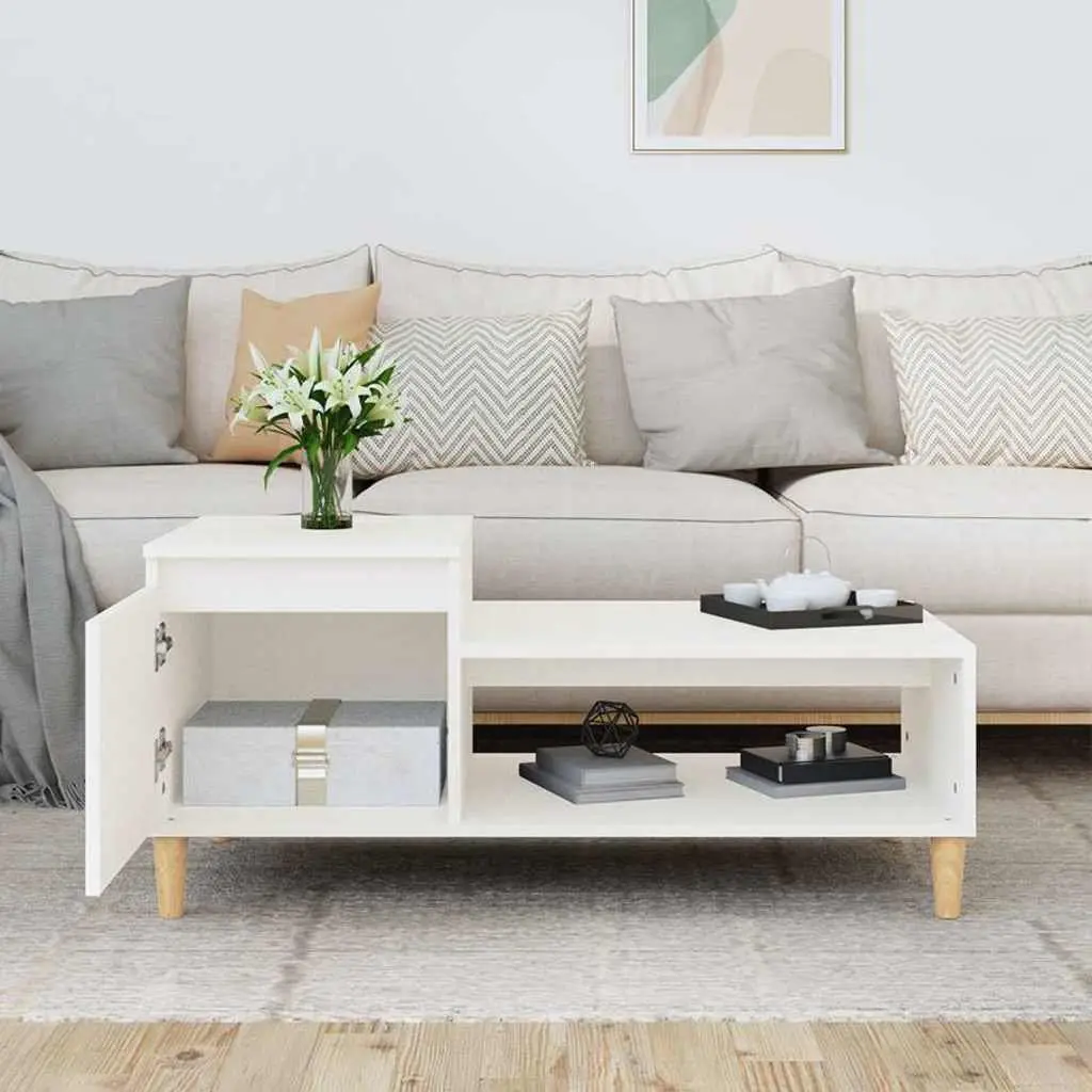Coffee Table White Engineered Wood 100 x 50 x 45 cm Storage Compartment Shelf