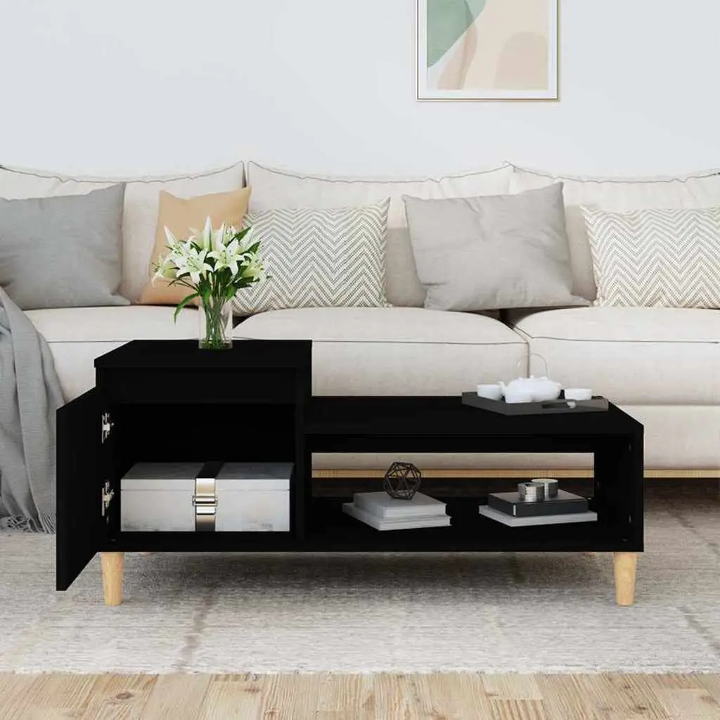 Coffee Table Black Engineered Wood Storage Compartment Shelf 100 x 50 x 45 cm