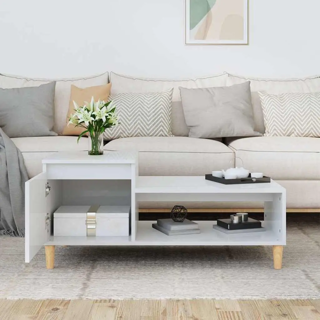 Coffee Table High Gloss White 100cm Engineered Wood Storage Compartment Shelf