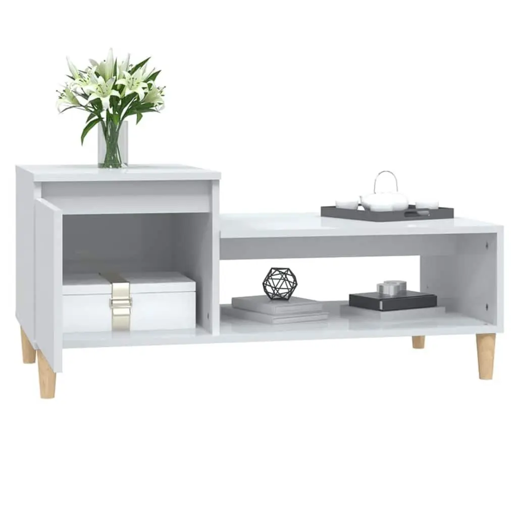 Coffee Table High Gloss White 100cm Engineered Wood Storage Compartment Shelf