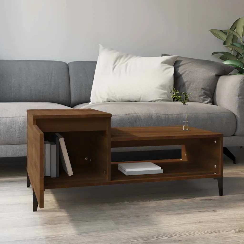 Coffee Table Brown Oak Engineered Wood Storage Compartment Shelf Door