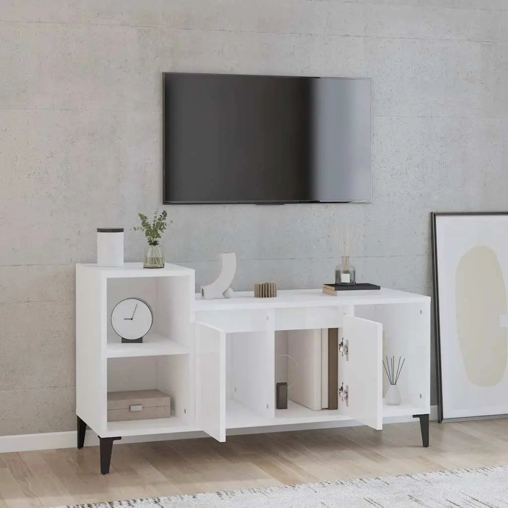 TV Cabinet White High Gloss Engineered Wood Media Storage Unit 100L x 35W x 55H cm