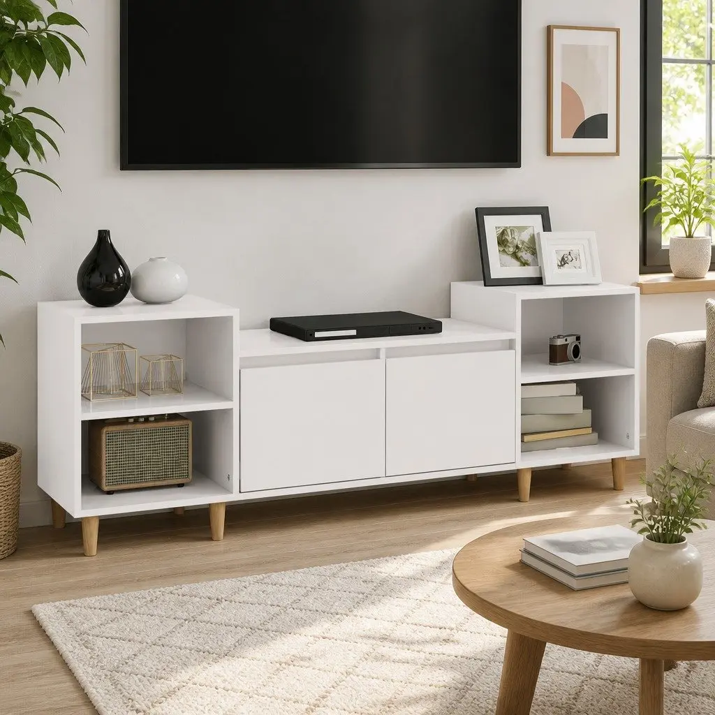 TV Cabinet High Gloss White 160cm Engineered Wood Storage Unit with 6 Compartments