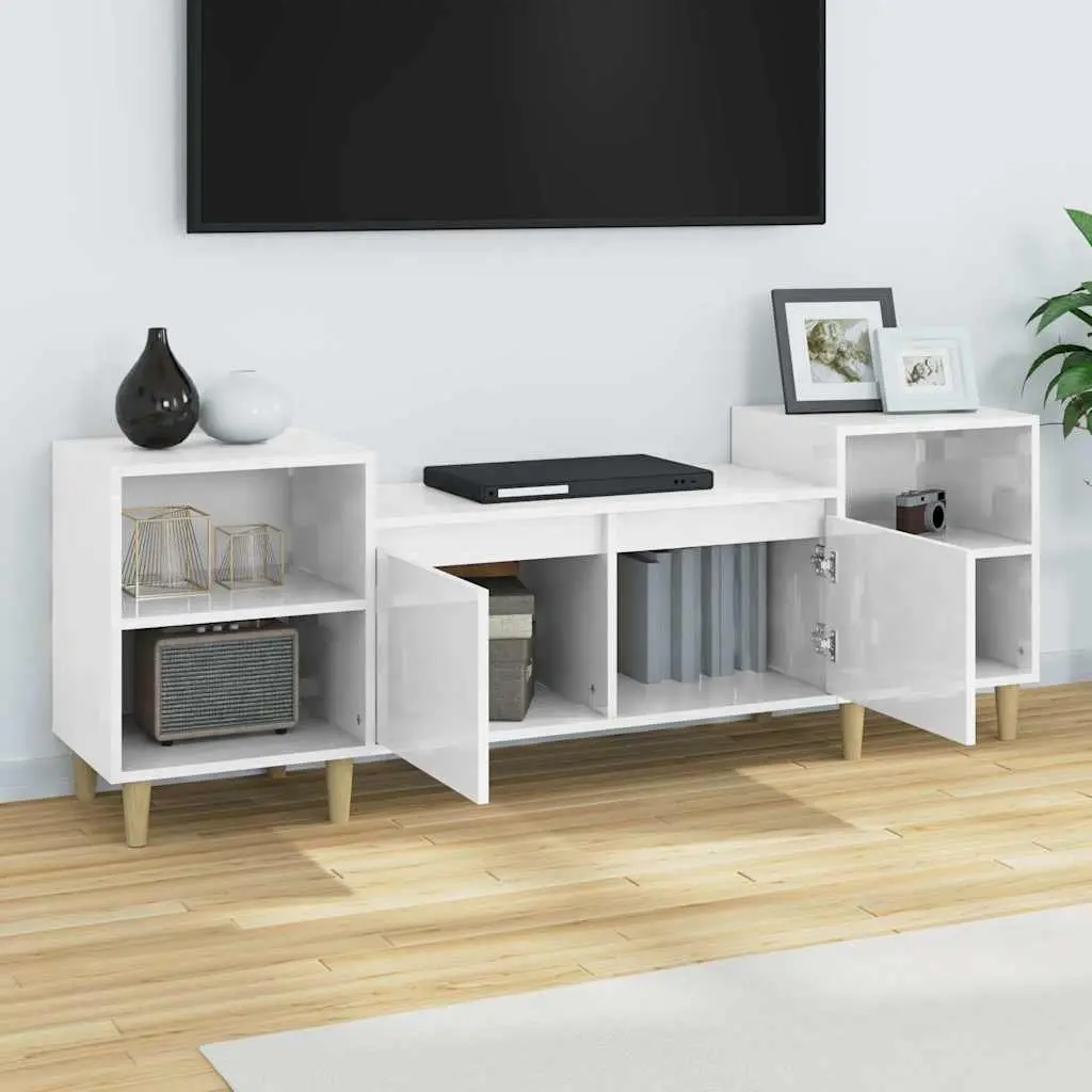 TV Cabinet High Gloss White 160cm Engineered Wood Storage Unit with 6 Compartments