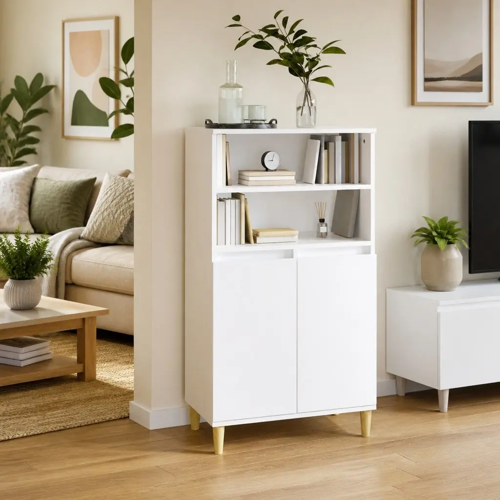 White Storage Highboard Cabinet 60x36x110 cm