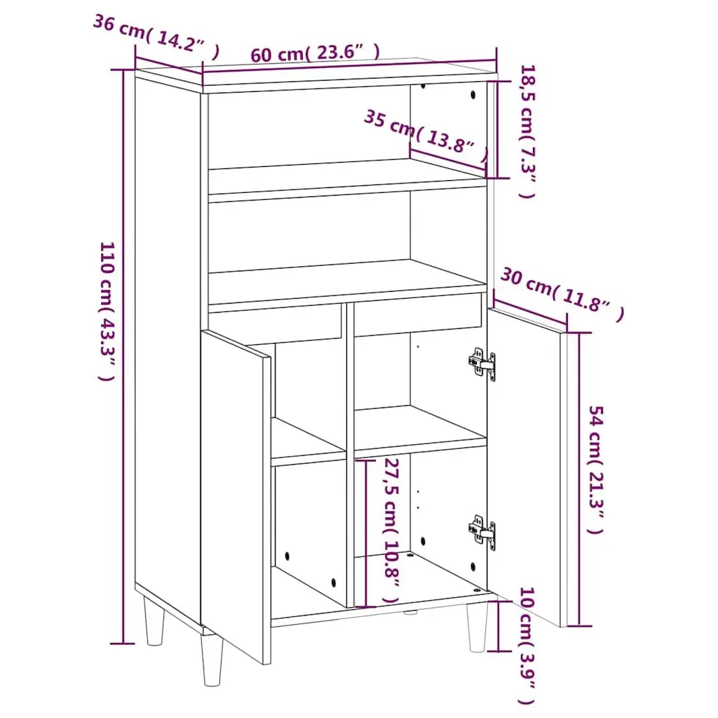 White Storage Highboard Cabinet 60x36x110 cm