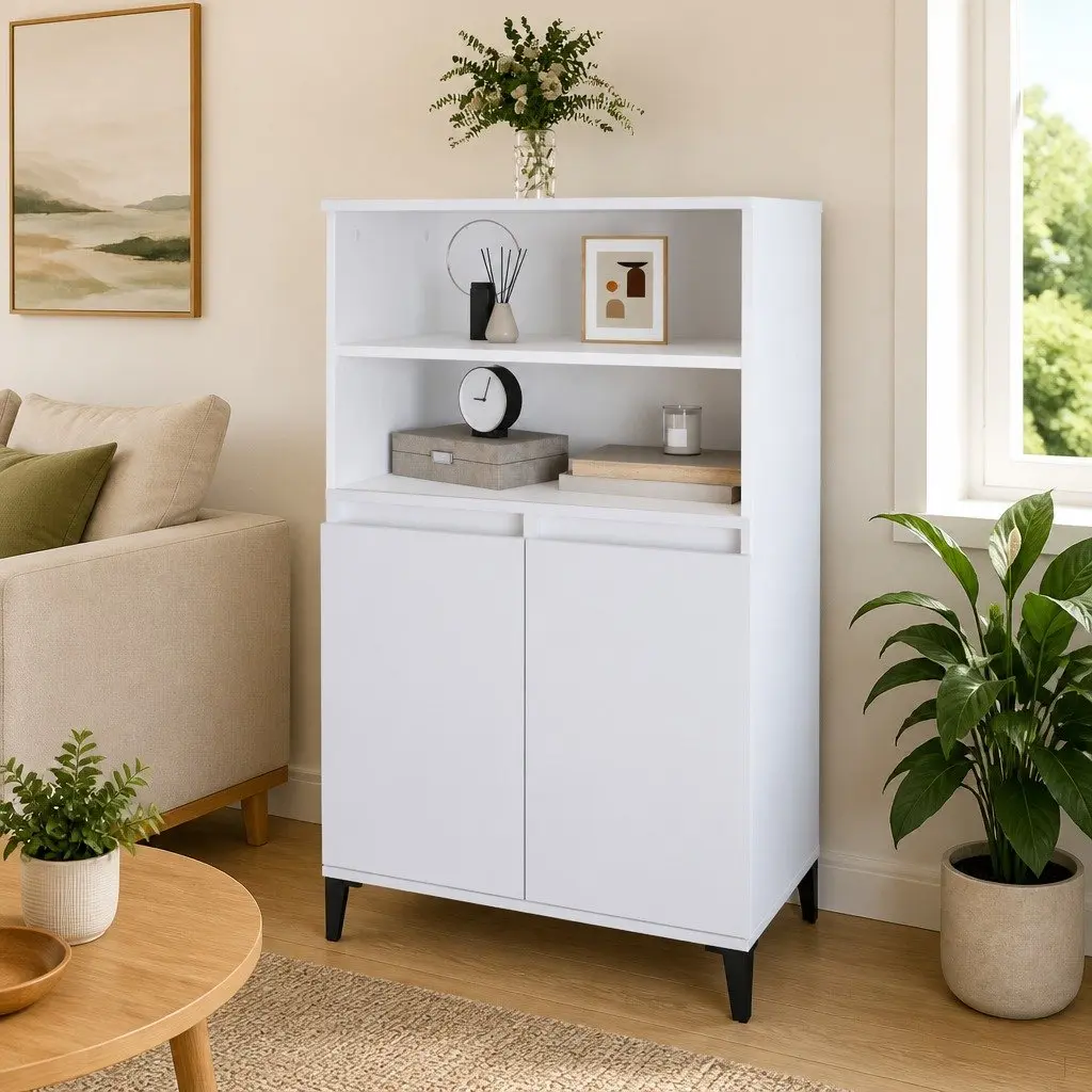 White Highboard Storage Cabinet with Shelves 60x36x110 cm