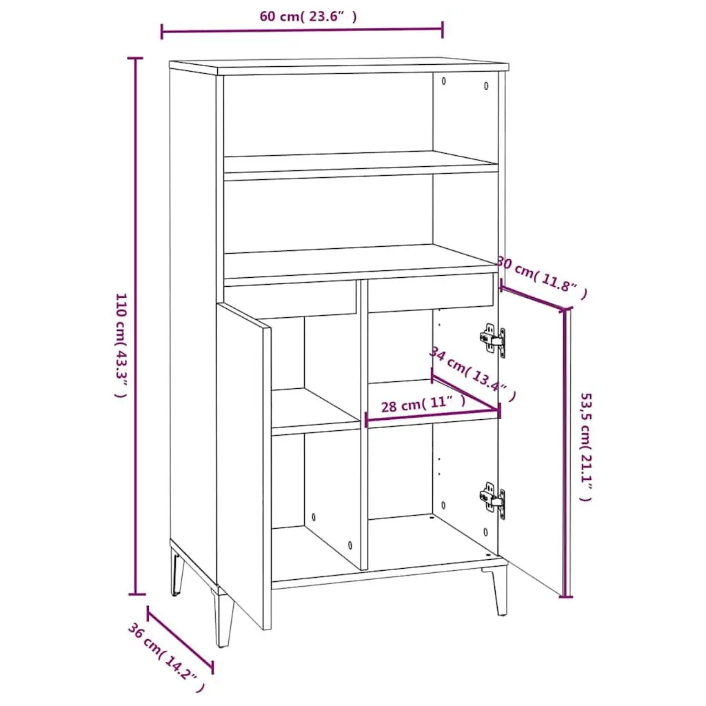 Highboard Storage Cabinet Grey Engineered Wood Sideboard with Metal Feet