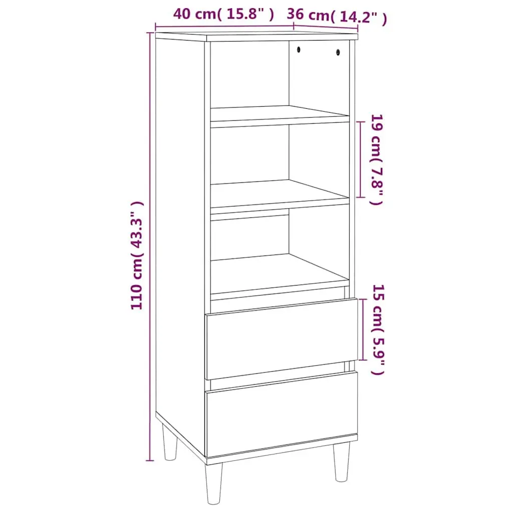 Highboard Storage Cabinet Grey Engineered Wood 40x36x110cm with 3 Open Shelves and 2 Drawers