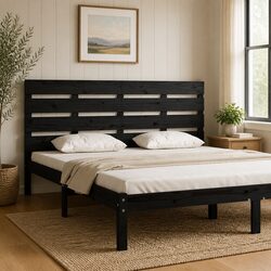 Black Slatted Wood Headboard Bed 180 cm for Comfort