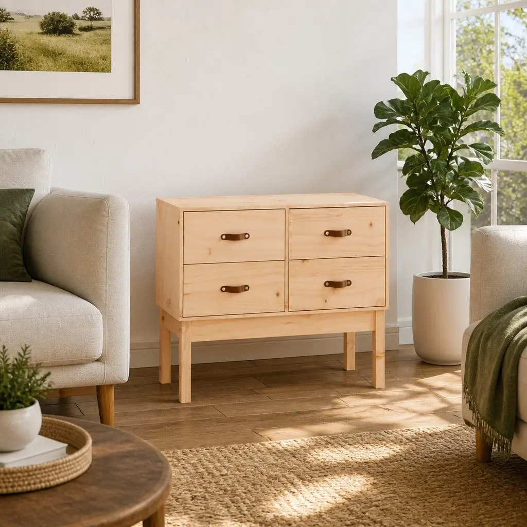 Console Cabinet 90x40x78cm Solid Pine Wood Storage Sideboard with 4 Drawers