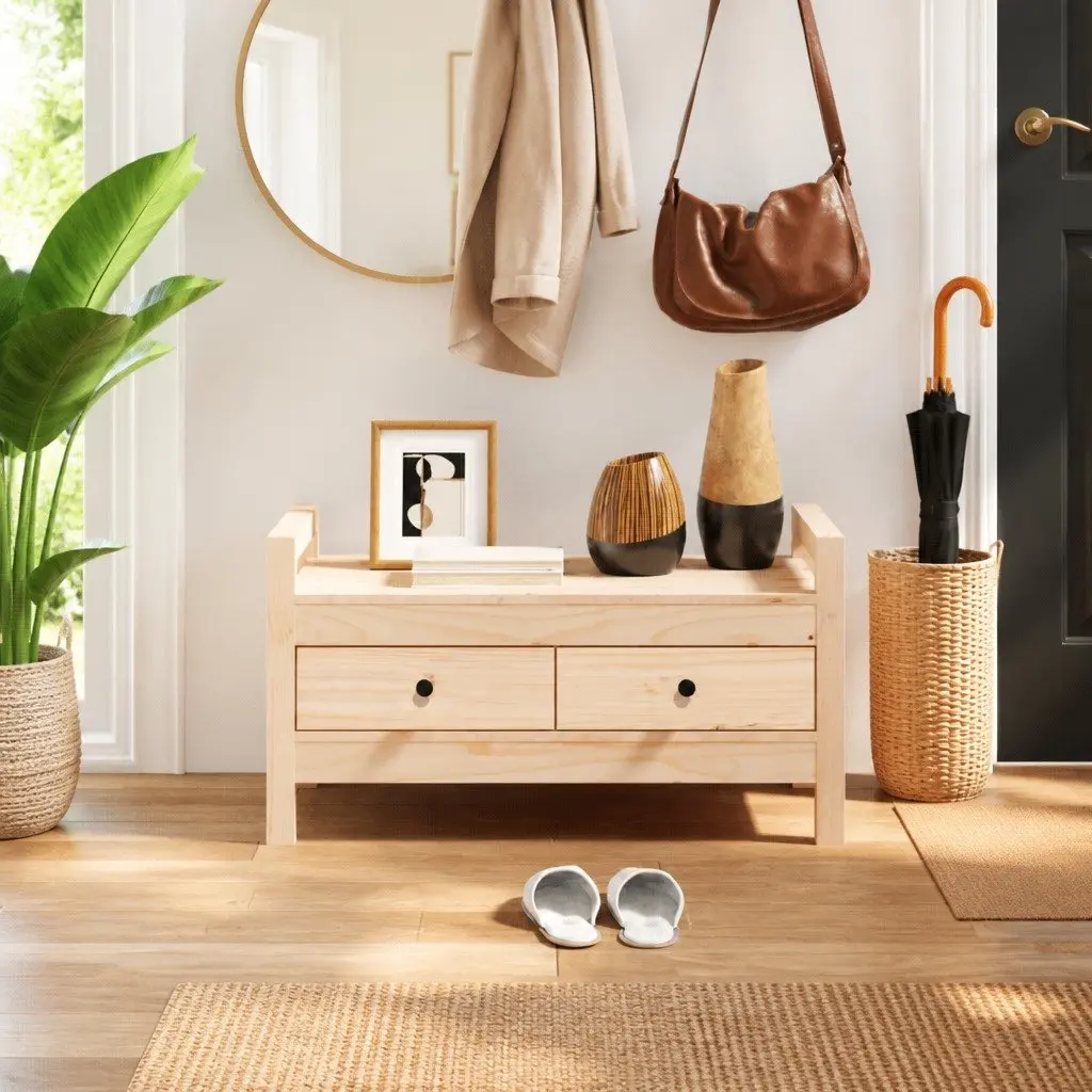 Solid Pine Hall Bench with Storage for Entryways