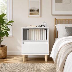 Elegant White Engineered Wood Nightstand with Drawer