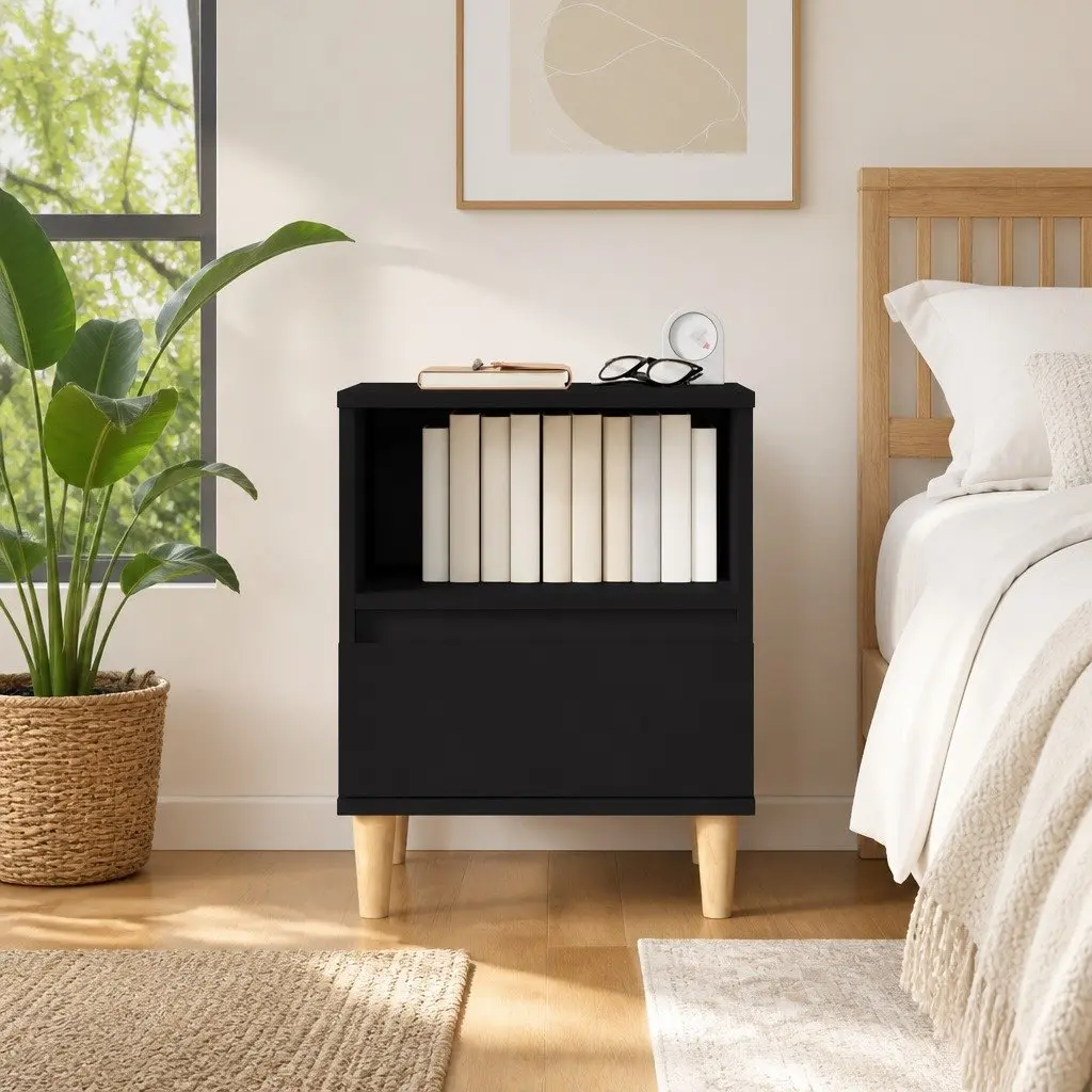 Bedside Table Black Engineered Wood Storage Cabinet with Drawer and Compartment