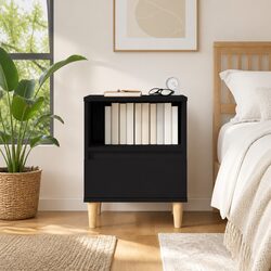 Elegant Black Bedside Cabinet with Drawer and Compartment