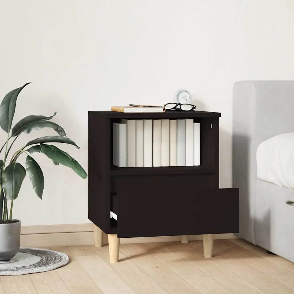 Bedside Table Black Engineered Wood Storage Cabinet with Drawer and Compartment