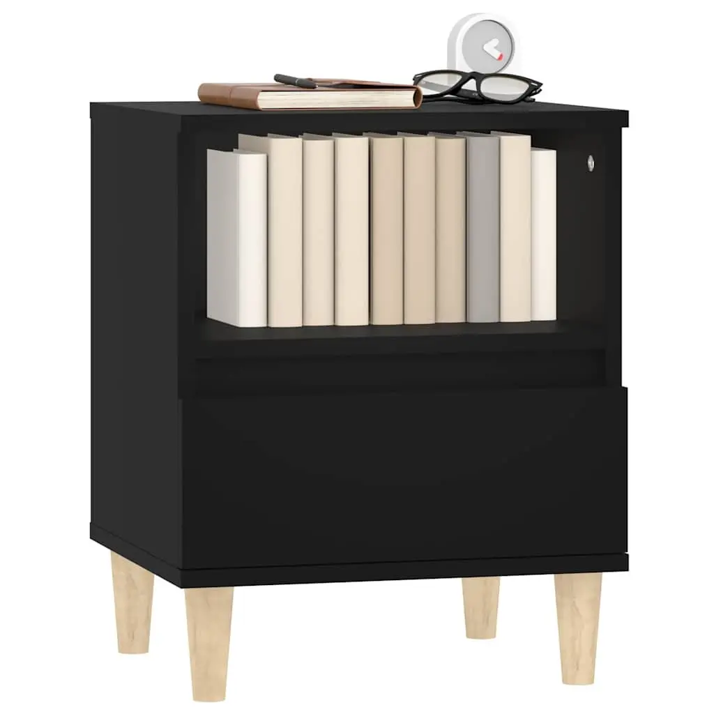 Bedside Table Black Engineered Wood Storage Cabinet with Drawer and Compartment