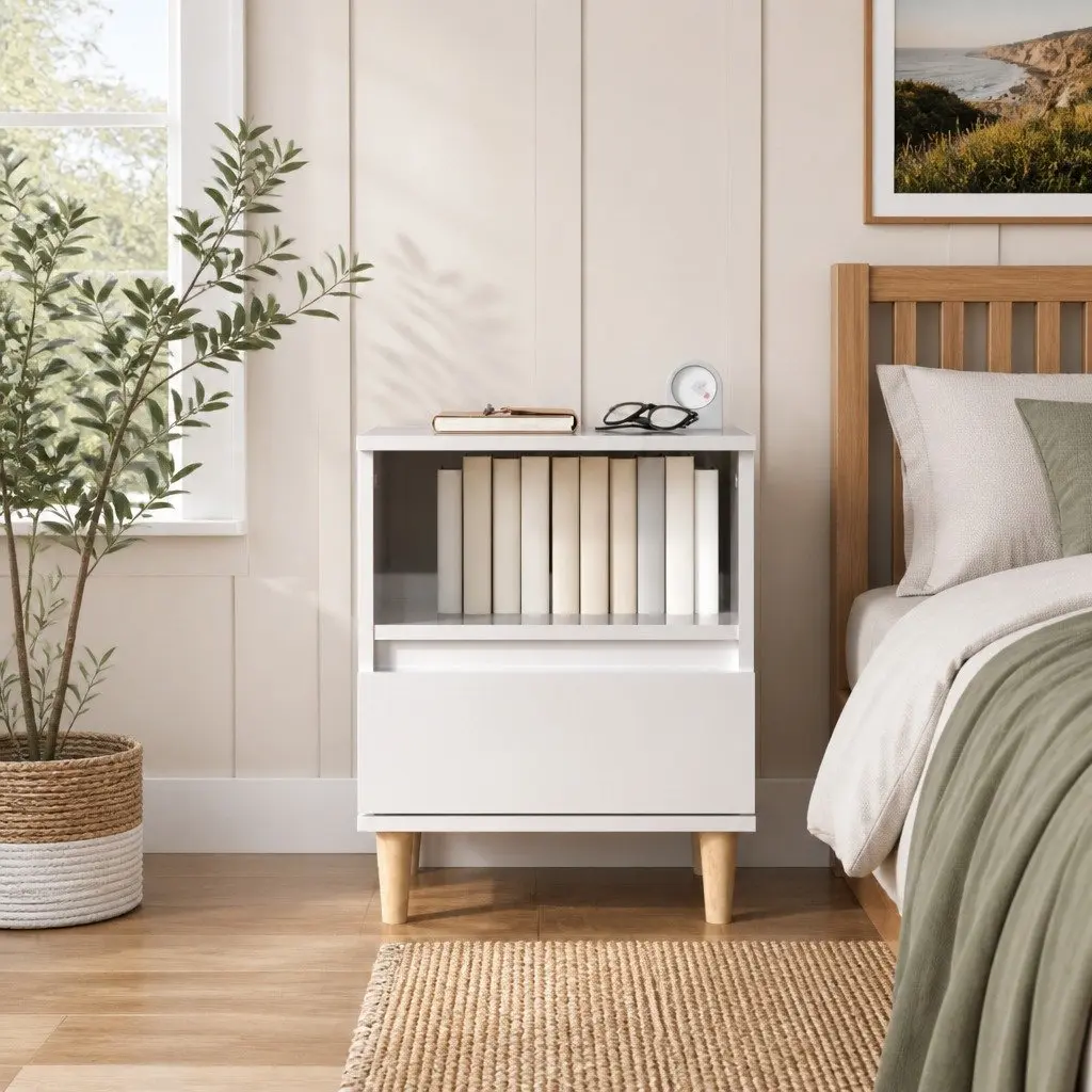 Bedside Cabinet White High Gloss Wooden Legs Storage Drawer Engineered Wood 40 x 35 x 50 cm