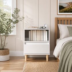 Elegant White High Gloss Bedside Cabinet with Wooden Legs