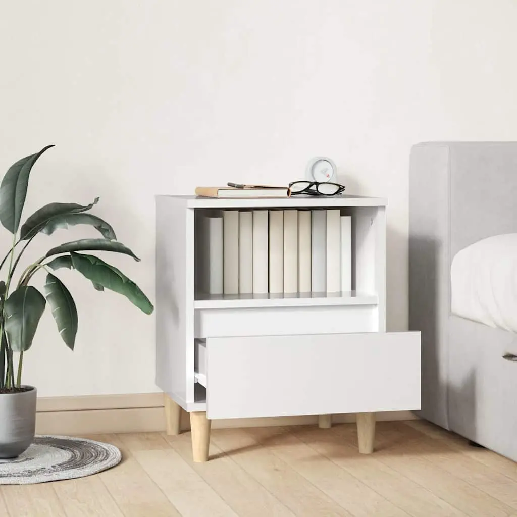 Bedside Cabinet White High Gloss Wooden Legs Storage Drawer Engineered Wood 40 x 35 x 50 cm