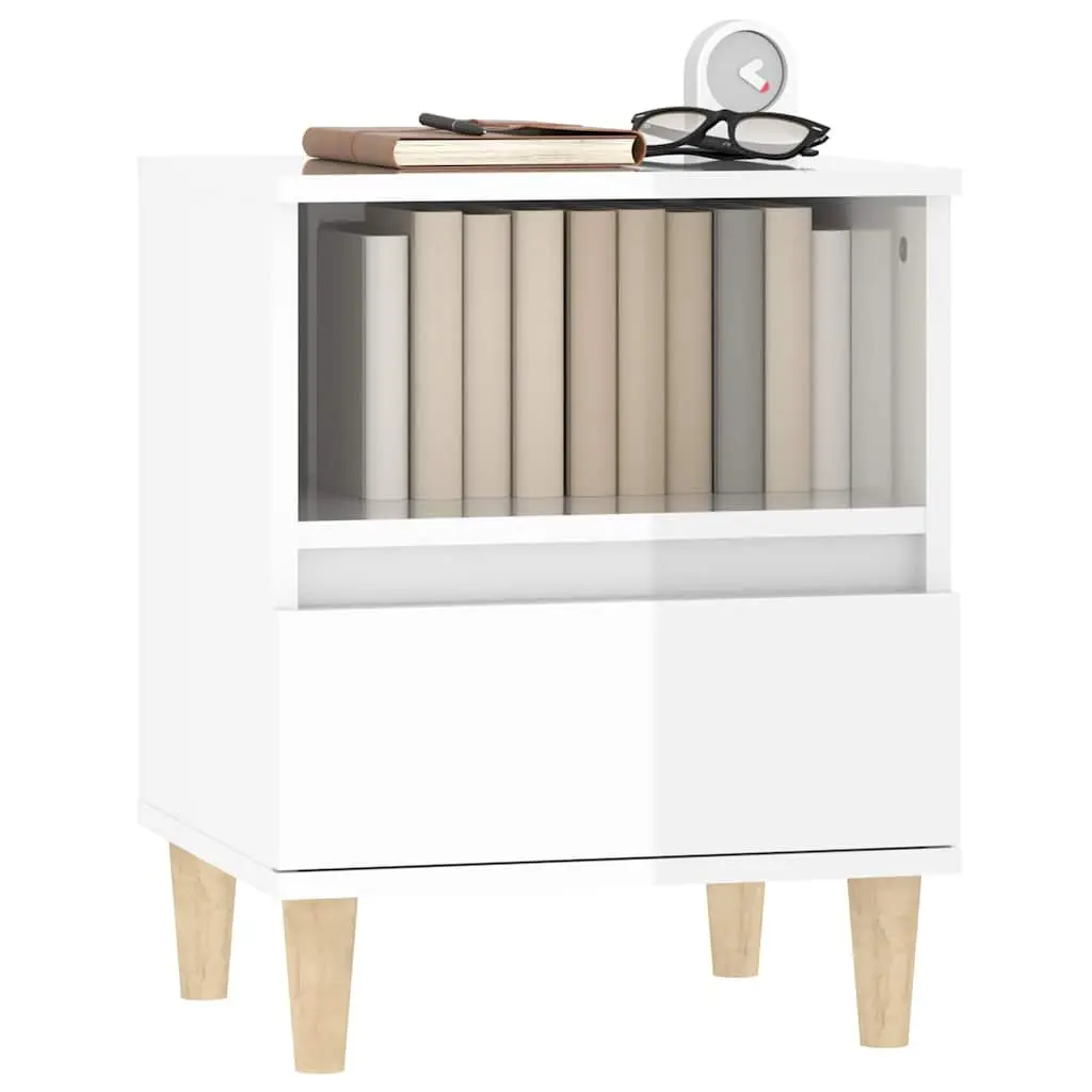 Bedside Cabinet White High Gloss Wooden Legs Storage Drawer Engineered Wood 40 x 35 x 50 cm