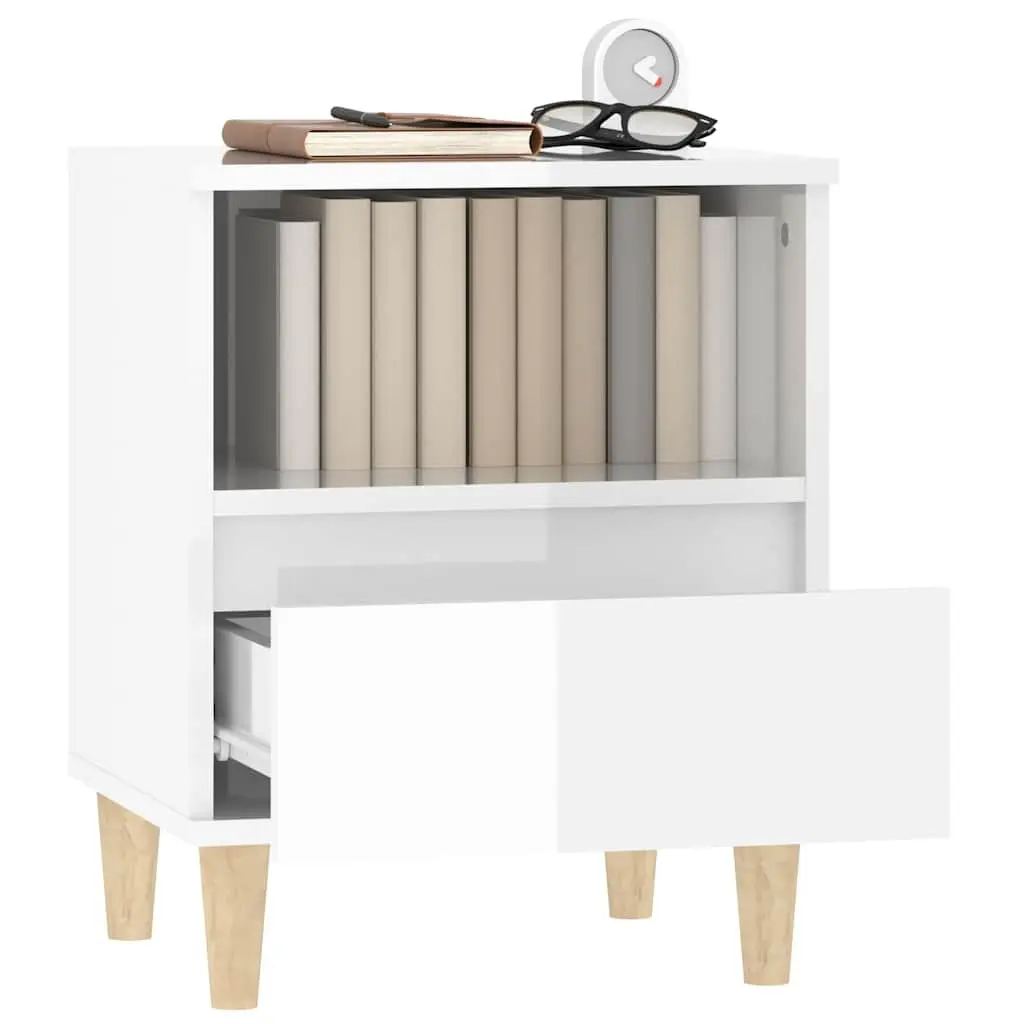 Bedside Cabinet White High Gloss Wooden Legs Storage Drawer Engineered Wood 40 x 35 x 50 cm