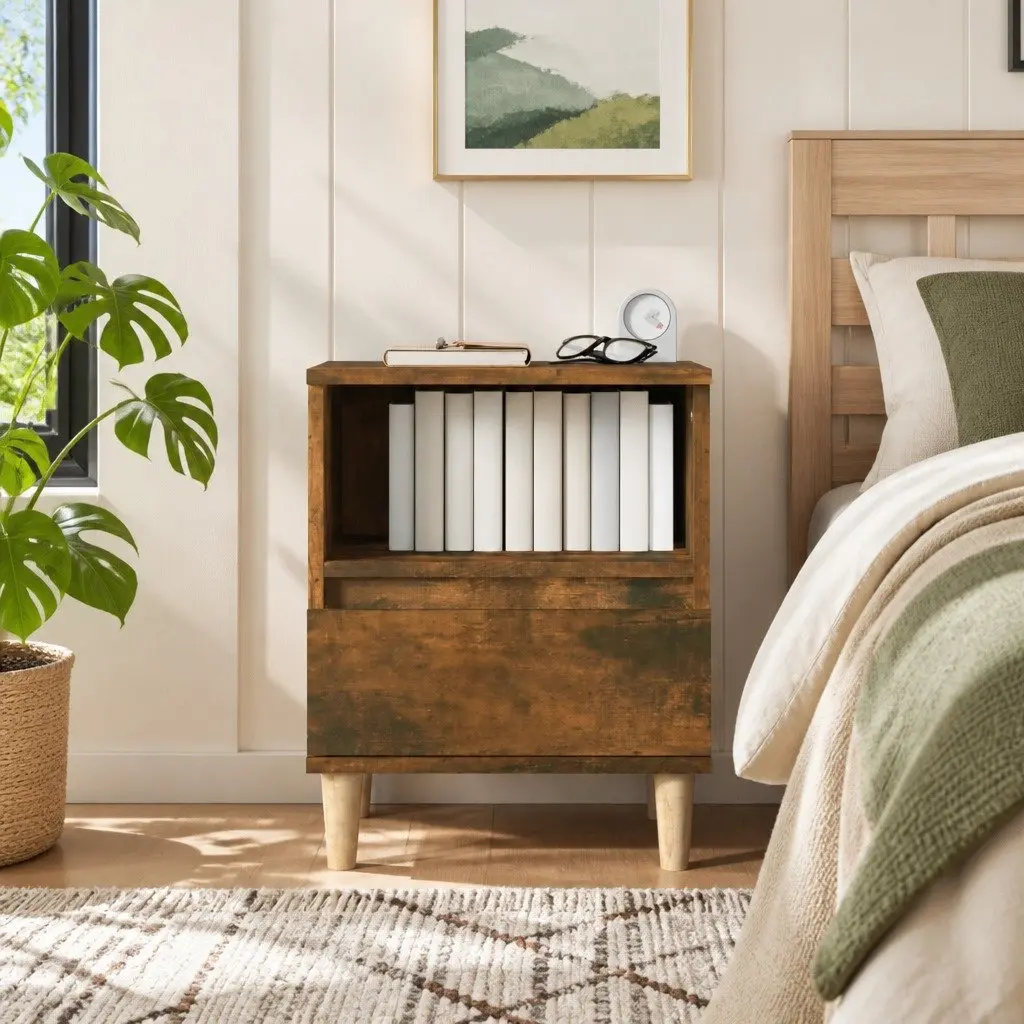 Bedside Cabinet Brown Wooden Legs Storage Drawer Engineered Wood