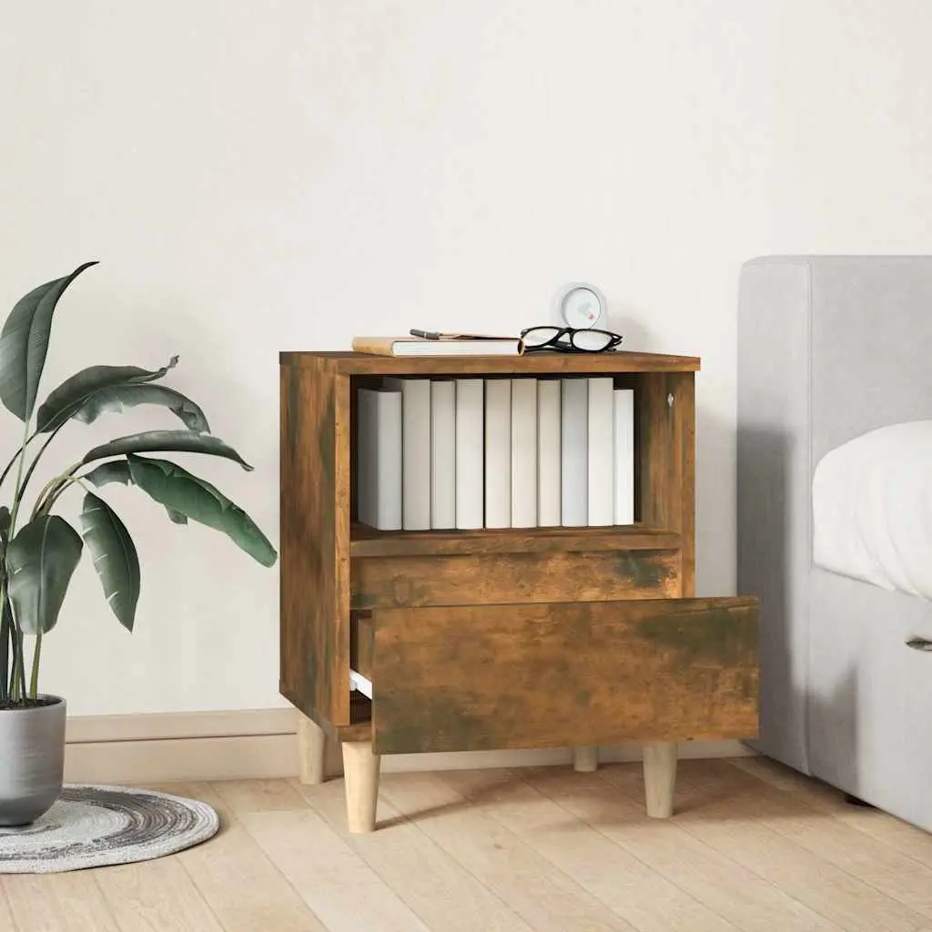 Bedside Cabinet Brown Wooden Legs Storage Drawer Engineered Wood