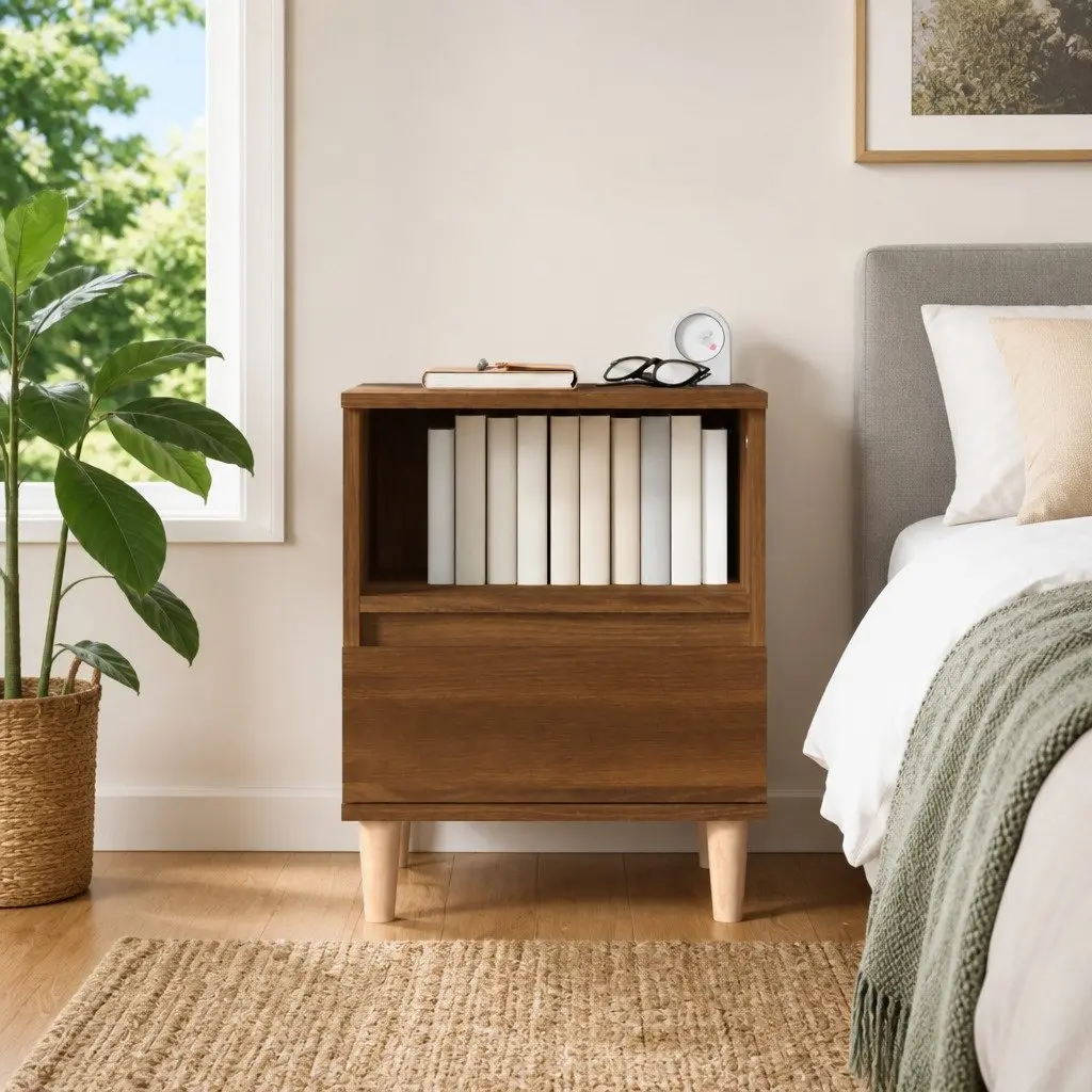 Bedside Cabinet Brown Oak Engineered Wood 40cm W x 35cm D x 50cm H Wooden Legs Drawer Compartment