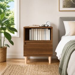 Brown Oak Bedside Cabinet with Drawer and Compartment