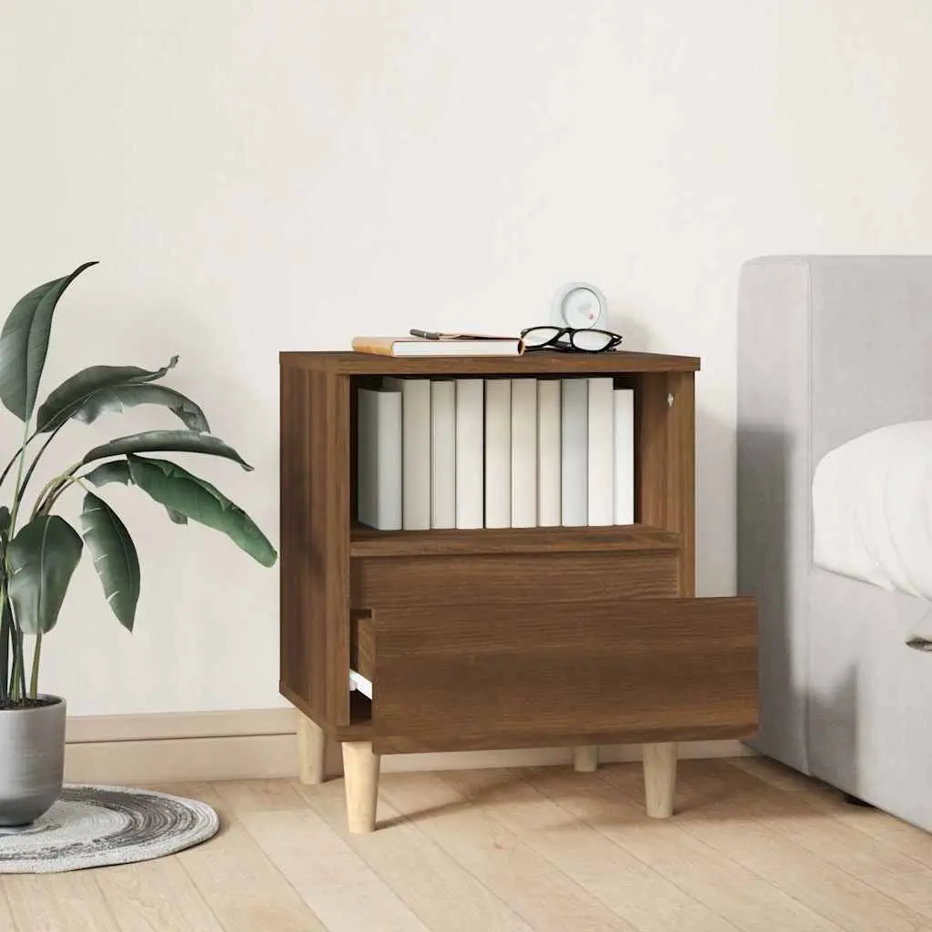 Bedside Cabinet Brown Oak Engineered Wood 40cm W x 35cm D x 50cm H Wooden Legs Drawer Compartment