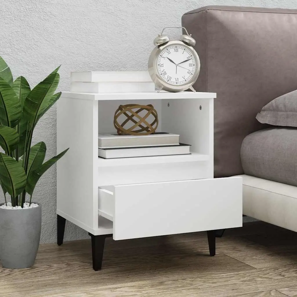 Bedside Cabinet White 40x35x50cm Engineered Wood with Metal Feet Storage Drawer Compartment