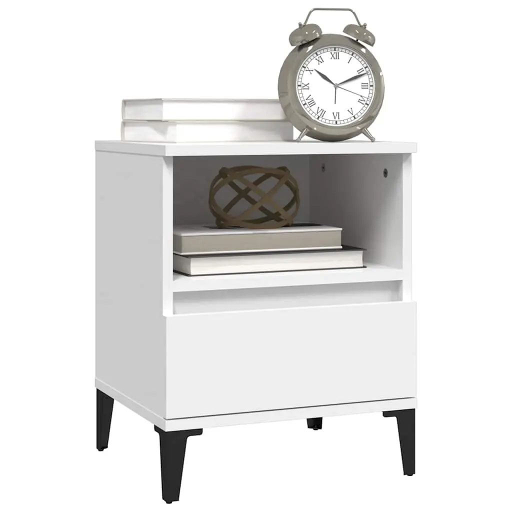 Bedside Cabinet White 40x35x50cm Engineered Wood with Metal Feet Storage Drawer Compartment