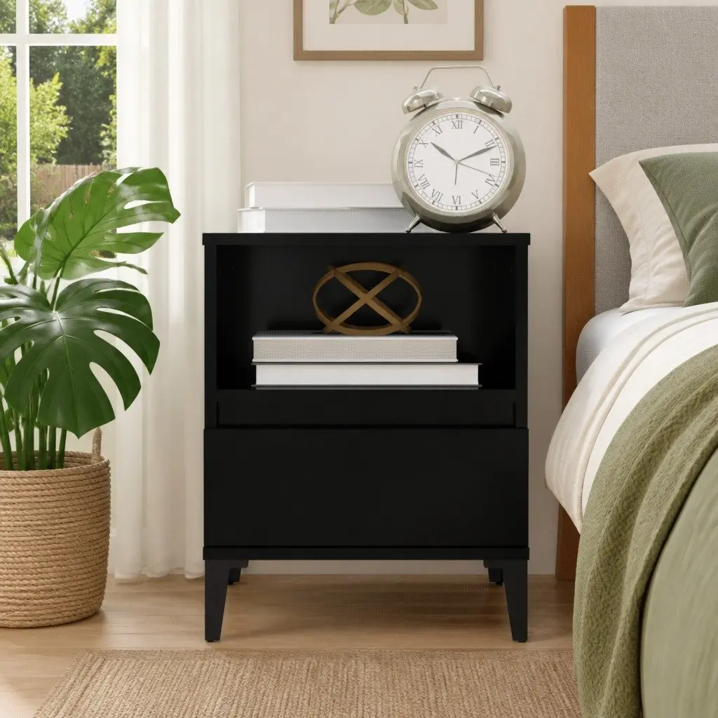 Bedside Cabinet Black Engineered Wood Storage Nightstand with Drawer Metal Feet