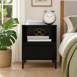 Elegant Black Bedside Cabinet with Drawer and Metal Feet