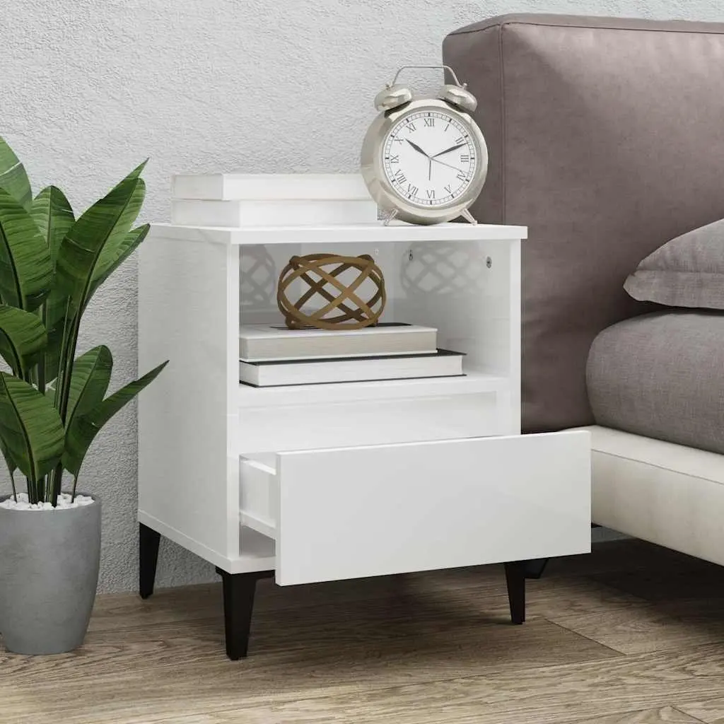 Bedside Cabinet White 2 Piece Storage Organiser Drawer Compartment Engineered Wood Metal Feet