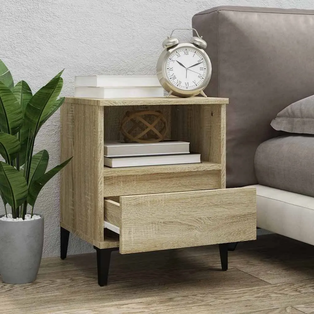 Brown Bedside Table Engineered Wood Storage Drawer Metal Legs 40x35x50cm