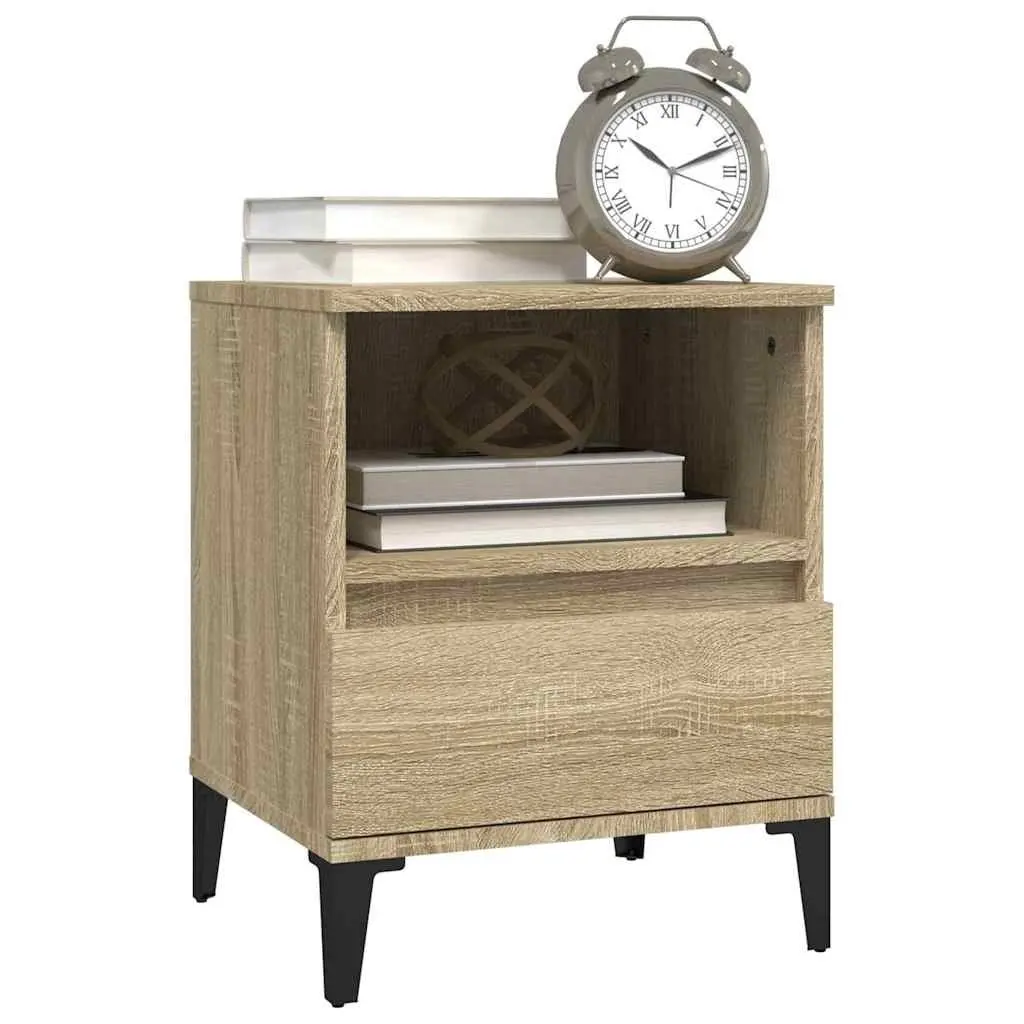 Brown Bedside Table Engineered Wood Storage Drawer Metal Legs 40x35x50cm