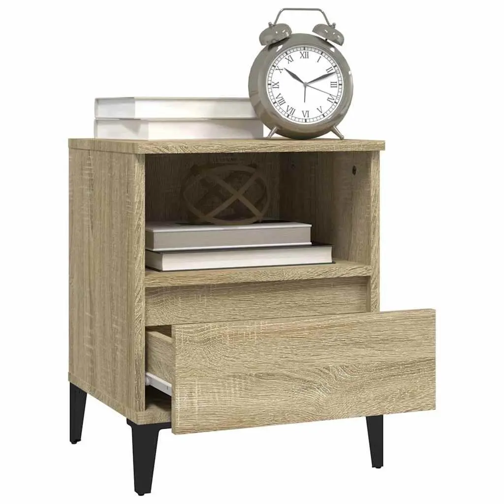 Brown Bedside Table Engineered Wood Storage Drawer Metal Legs 40x35x50cm