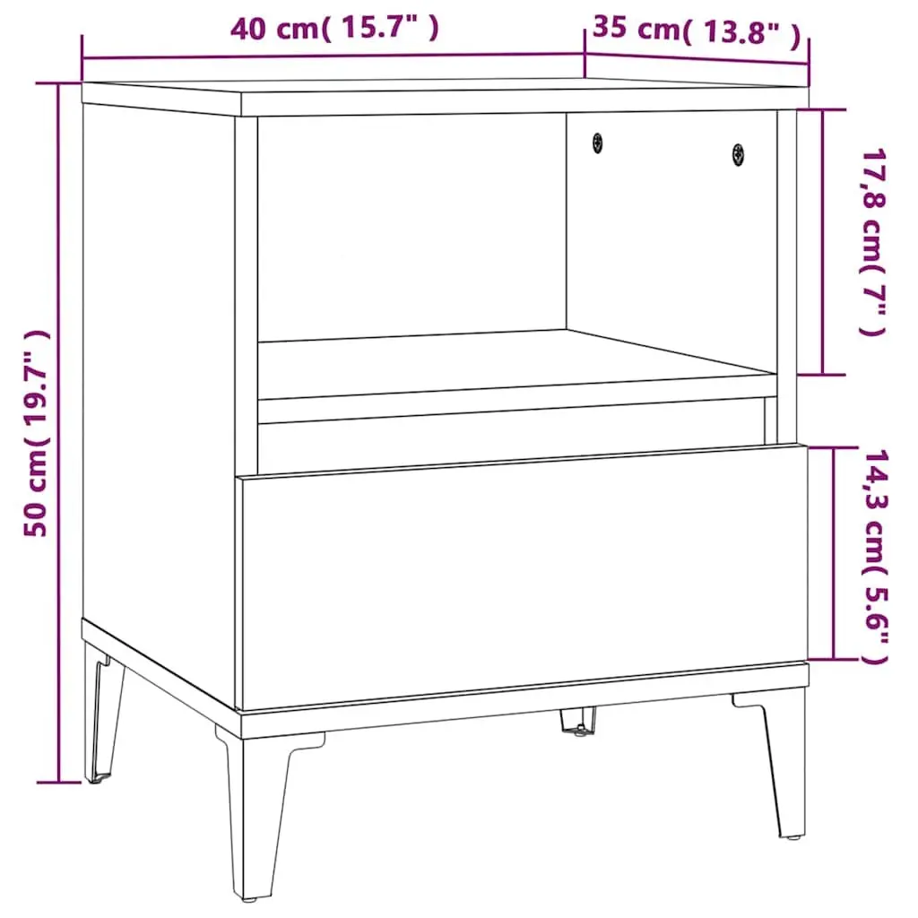 Brown Bedside Table Engineered Wood Storage Drawer Metal Legs 40x35x50cm