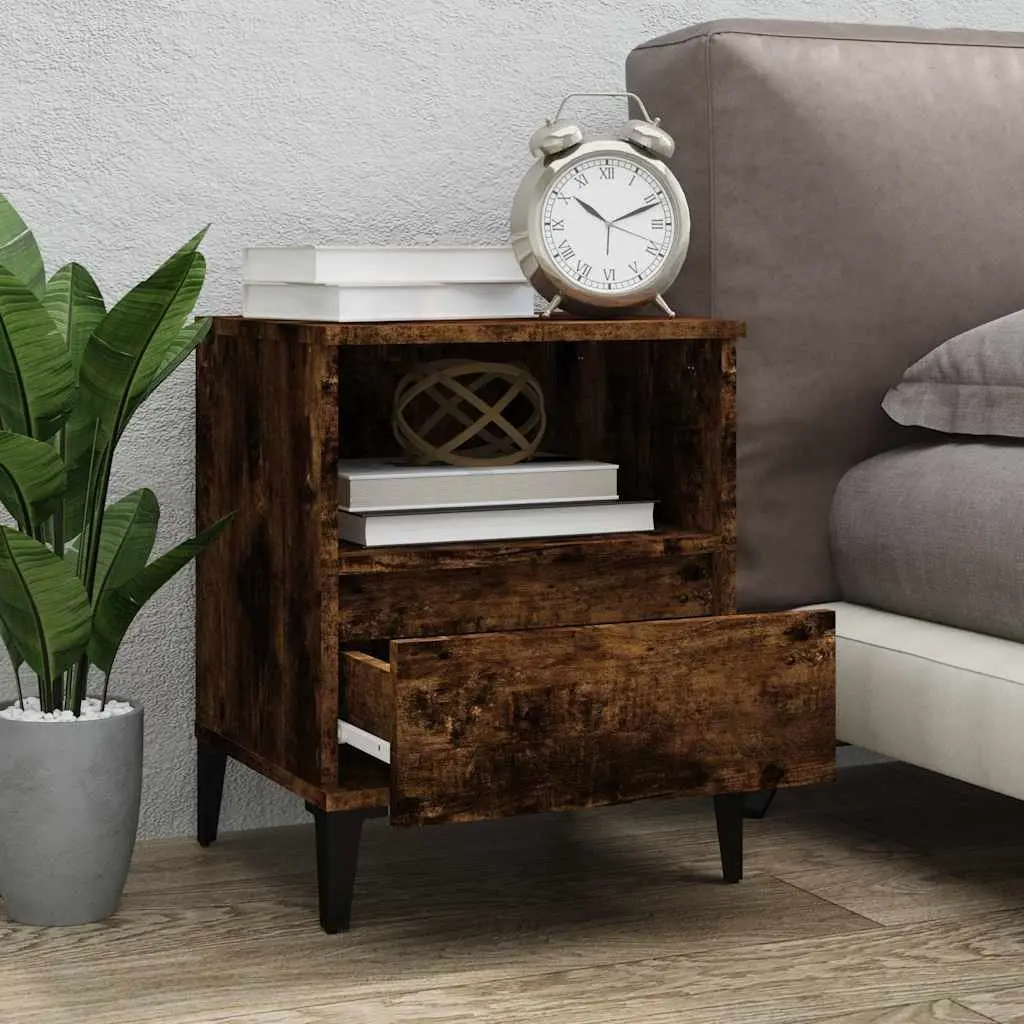 Bedside Cabinet Brown Engineered Wood Storage Nightstand with Drawer Compartment and Metal Feet